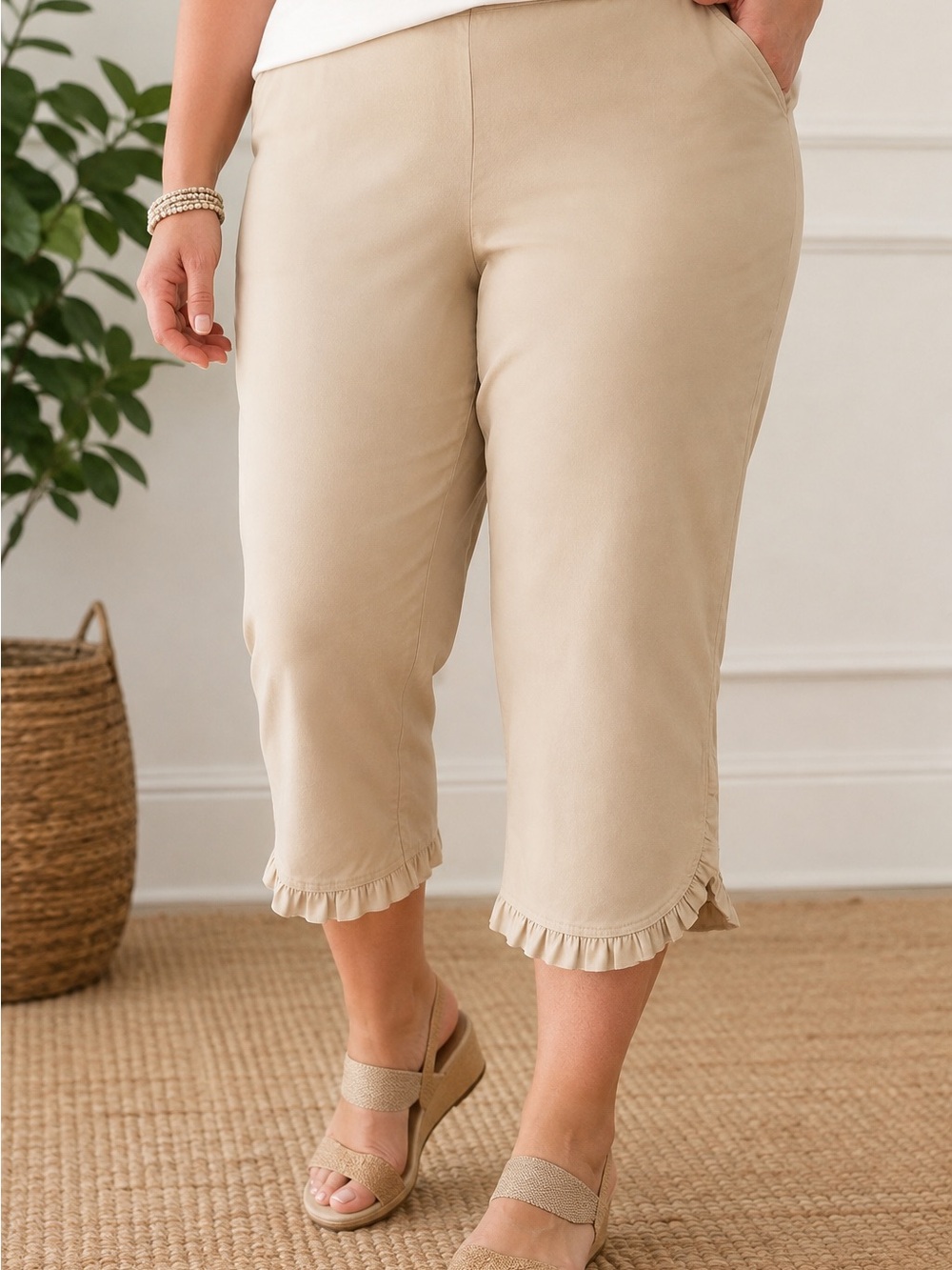 NWT Crown & Ivy 20W Ruffle Hem Cropped Pants Khaki Tan